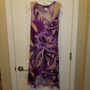 Purple Groovy 70's Abstract Print Stretch Long Dress M